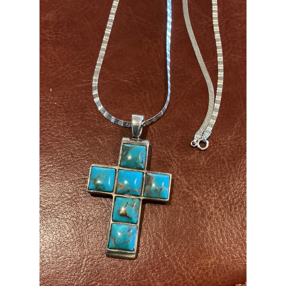 925 Sterling Silver Turquoise Cross Pendant‎ Necklace, 10KT gold Chain, 26 Inch